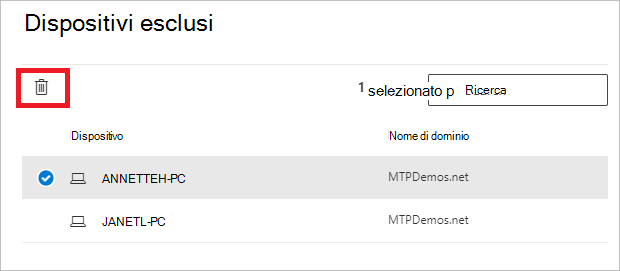 Screenshot che mostra come eliminare un'esclusione.