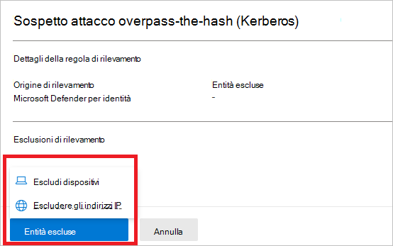 Screenshot che mostra le opzioni per escludere dispositivi o indirizzi IP.