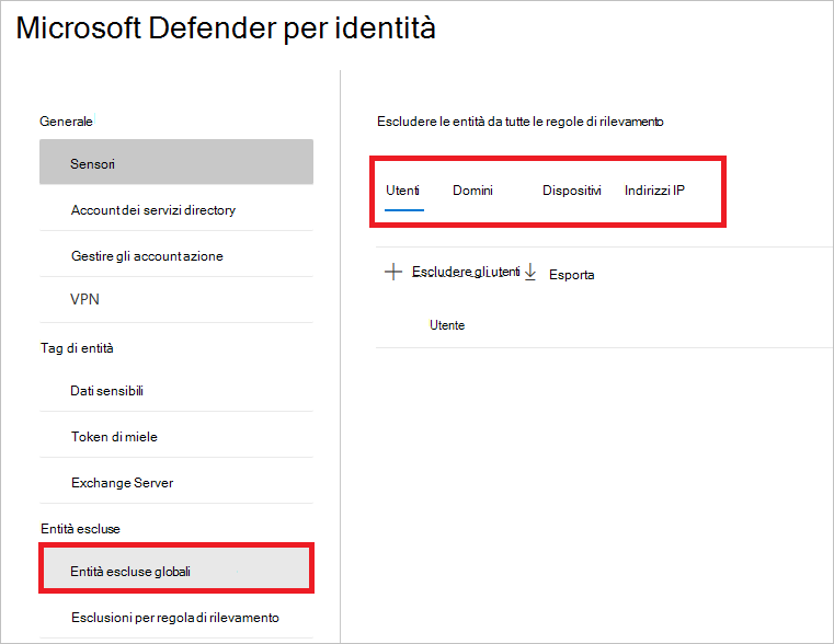 Screenshot che mostra le entità escluse globali.