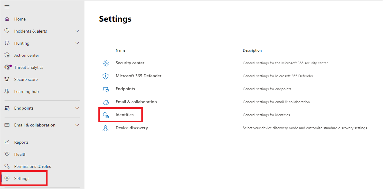 Screenshot che mostra la pagina delle impostazioni delle identità nel portale di Microsoft Defender.