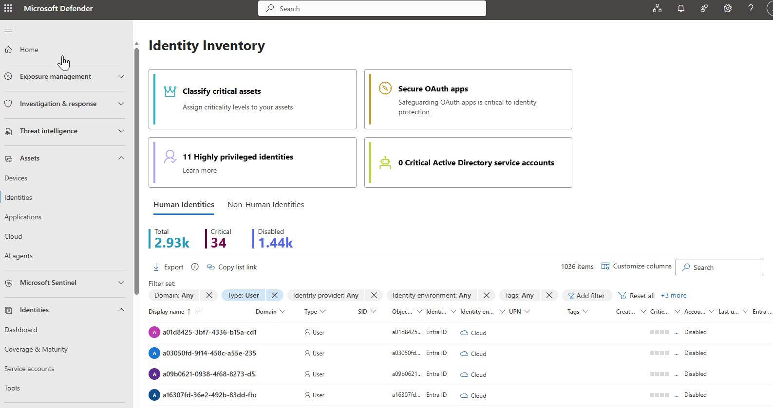Screenshot della pagina dell'inventario delle identità nel portale di Microsoft Defender.