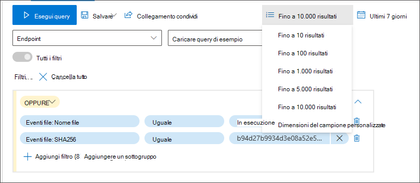 Screenshot del menu a discesa delle dimensioni del campione
