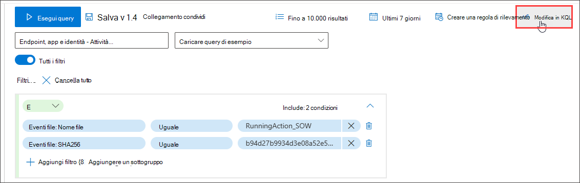 Screenshot che evidenzia il pulsante Modifica in KQL