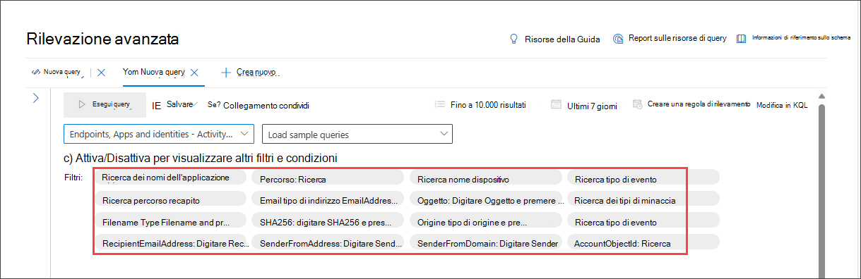 Screenshot del set di filtri di base del generatore di query in modalità guidata