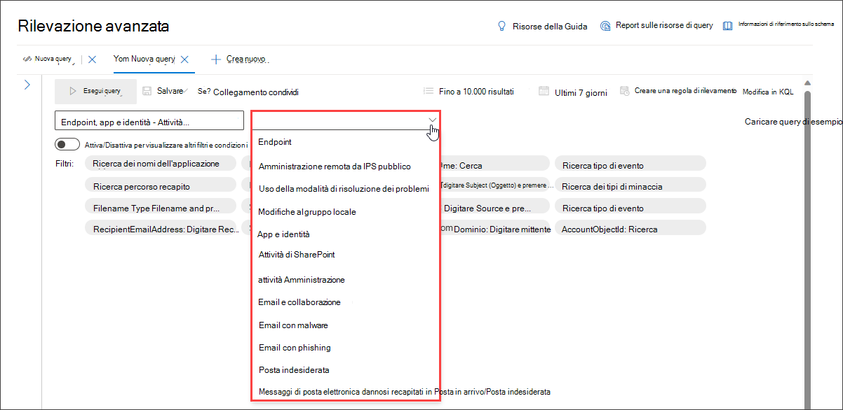 Screenshot dell'elenco di query di esempio di caricamento del generatore di query in modalità guidata