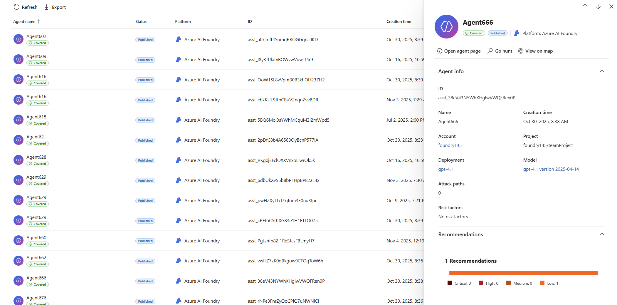 Screenshot che mostra i dettagli per gli agenti di intelligenza artificiale di Foundry nel portale di Defender.