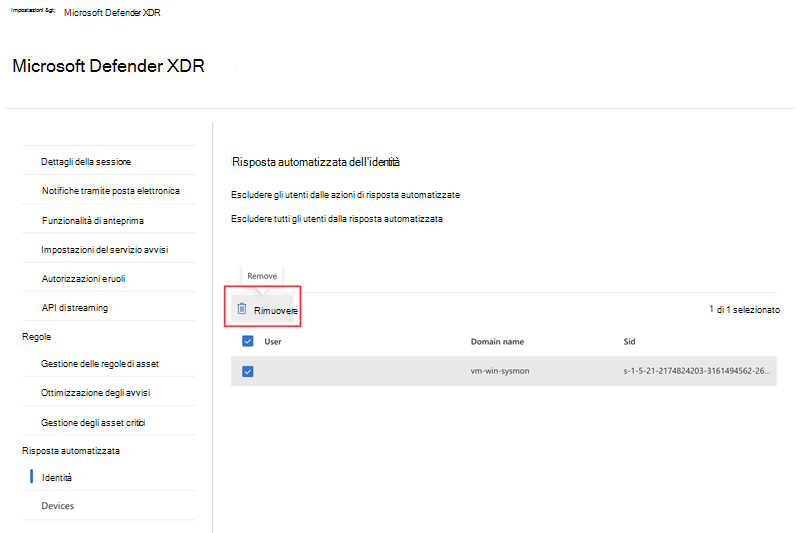 Evidenziazione dell'opzione di rimozione quando si rimuove un utente escluso nella pagina Identità delle impostazioni di automazione dell'interruzione degli attacchi