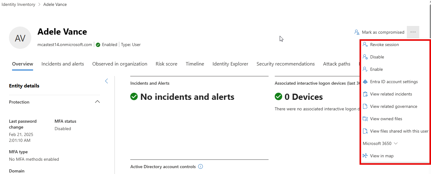 Screenshot della pagina Identity con il menu Identity Actions visualizzato.