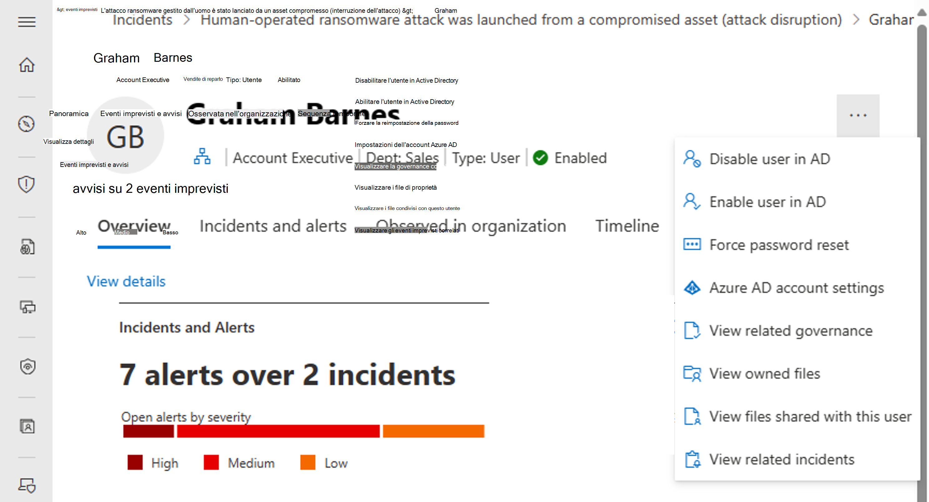 Screenshot delle azioni per la correzione per un utente nel portale di Microsoft Defender.