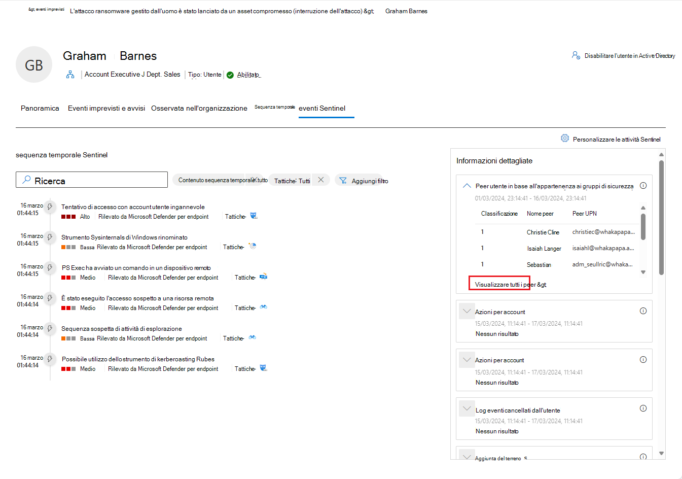 Screenshot della scheda Microsoft Sentinel eventi nella pagina dell'entità utente.