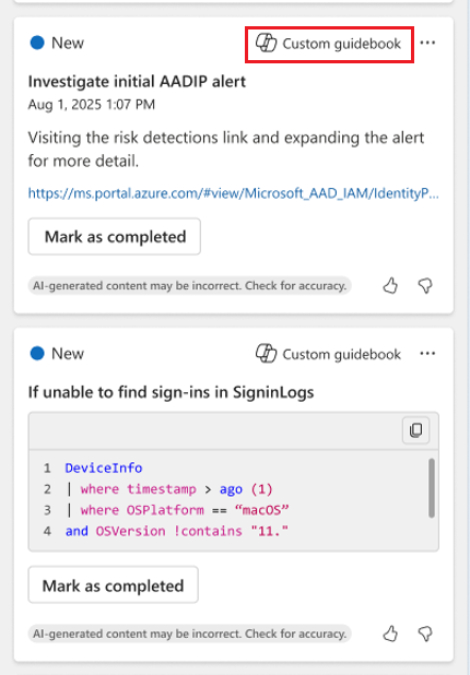 Screenshot delle risposte suggerite in base alle guide personalizzate.