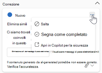 Screenshot che mostra le opzioni disponibili per gli utenti in una scheda di risposta guidata nel pannello laterale Copilot.