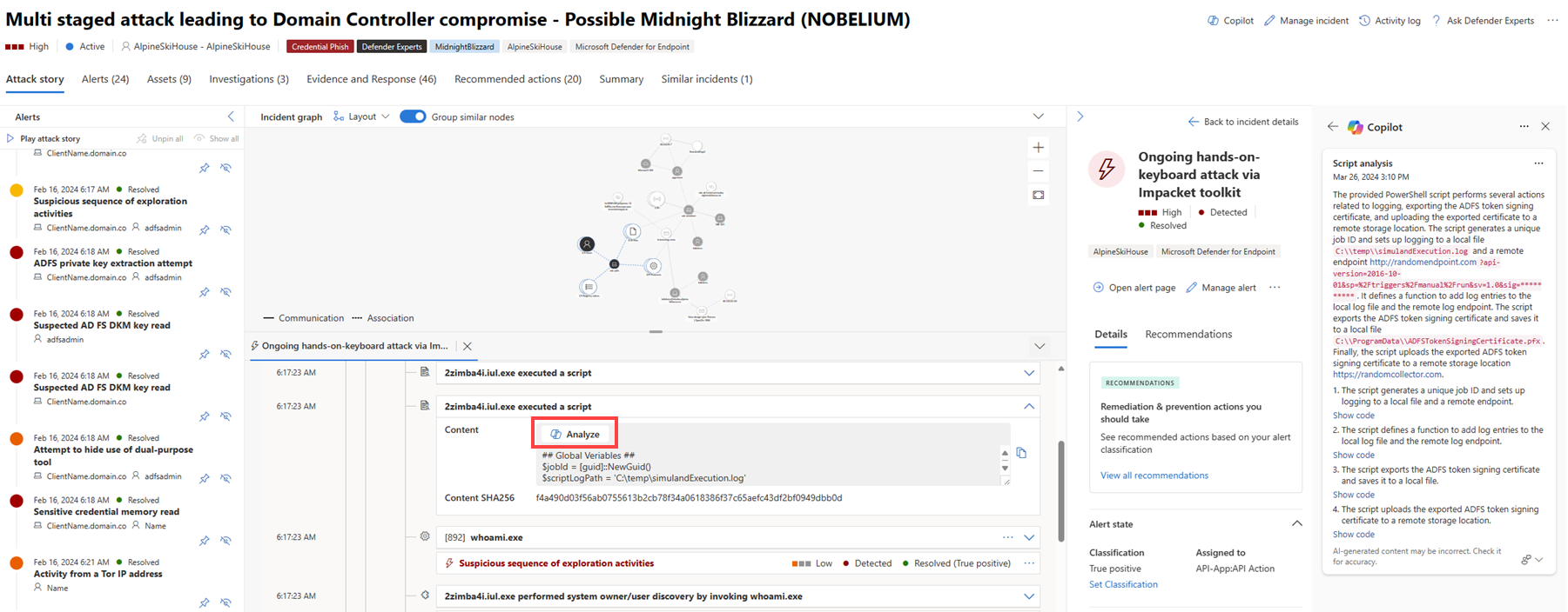 Screenshot che evidenzia il pulsante di analisi dello script nella visualizzazione del brano di attacco nella pagina dell'evento imprevisto.