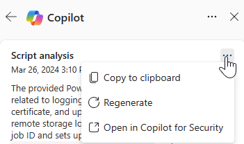 Screenshot che mostra l'opzione Altre azioni nella scheda di analisi script Copilot.