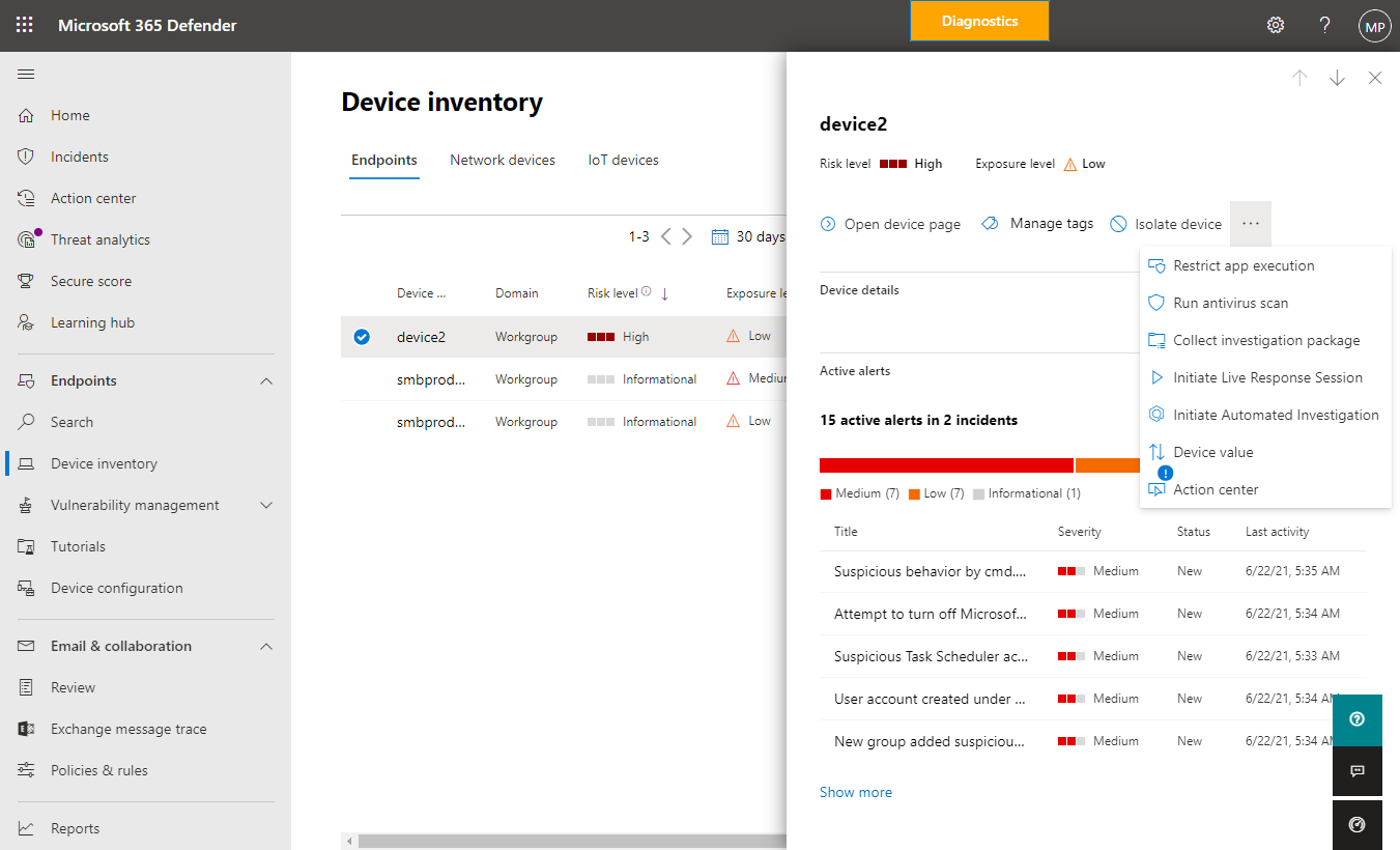 Screenshot delle azioni disponibili per un dispositivo selezionato
