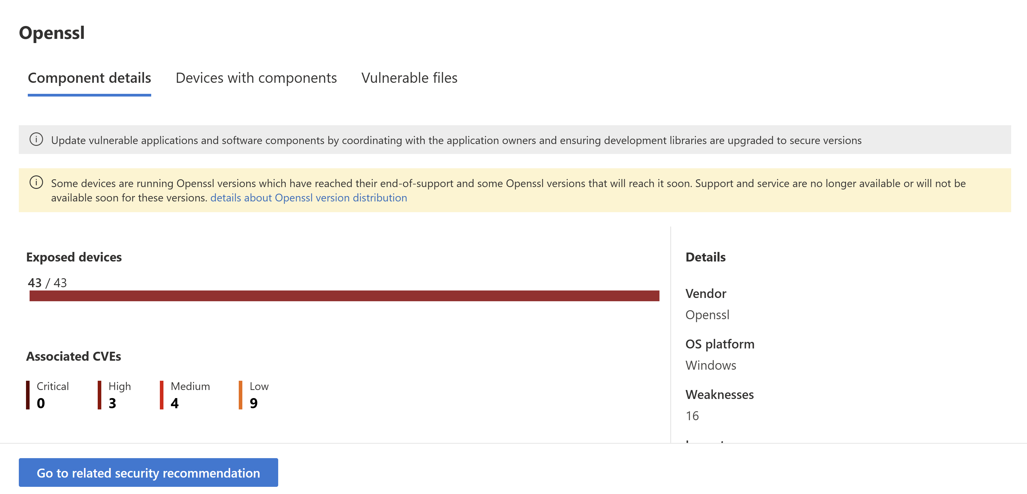 Esempio della pagina dei dettagli dei componenti software.