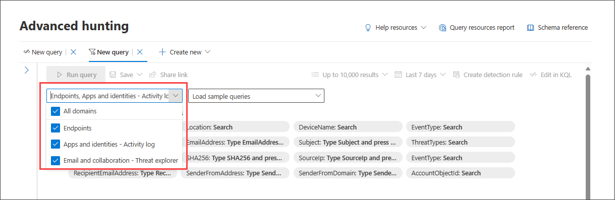 Screenshot dell'elenco a discesa dei domini del generatore di query in modalità guidata