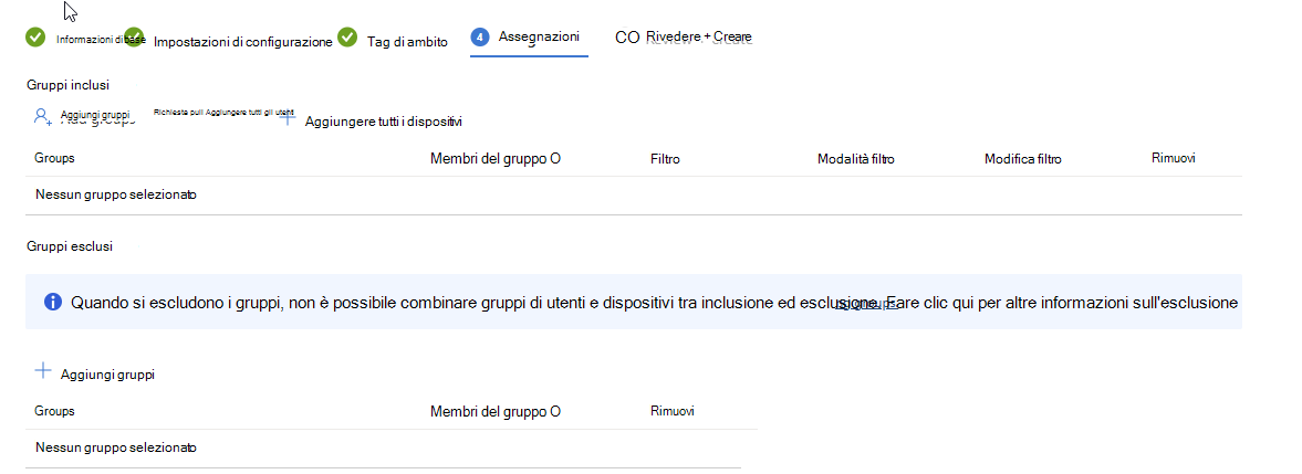 Selezionare i gruppi da includere