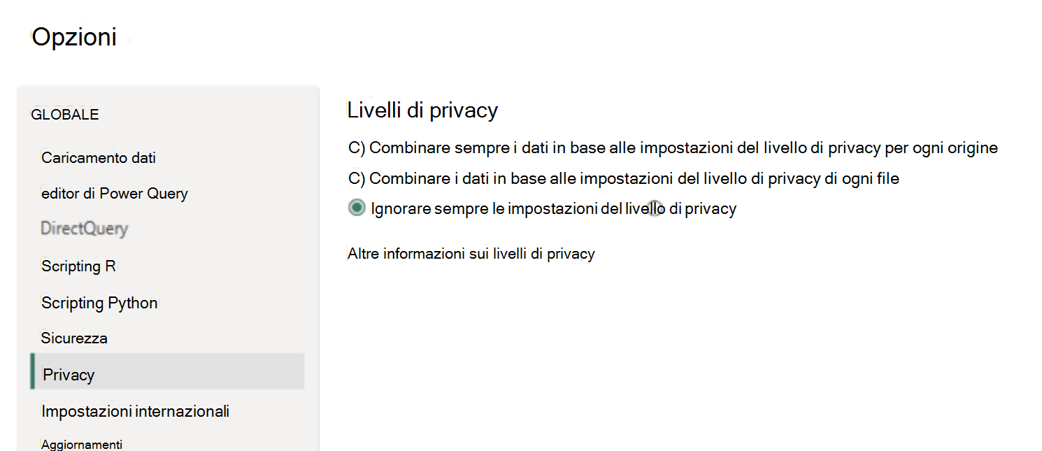 Screenshot che mostra le impostazioni di privacy di Power BI