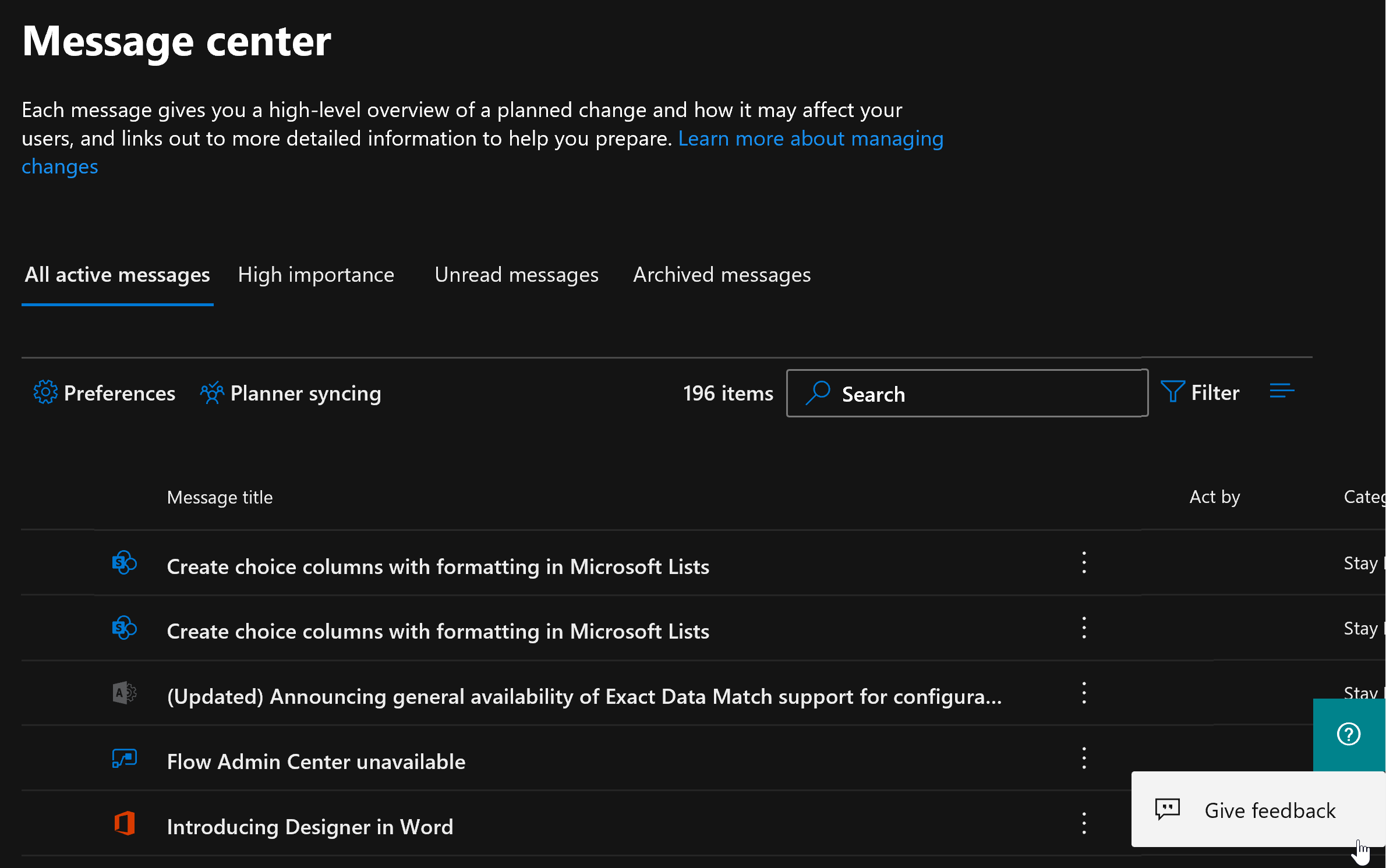 Screenshot della pagina di configurazione del Centro messaggi.