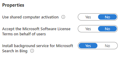 Screenshot delle impostazioni delle proprietà di Intune che mostra le opzioni per l'attivazione del computer condiviso, le condizioni di licenza software Microsoft e il servizio in background per Microsoft Search in Bing.