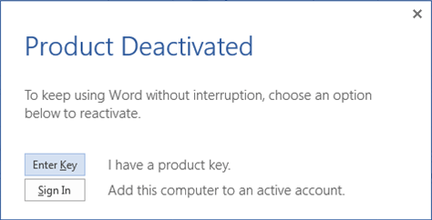 Screenshot della richiesta di disattivazione del prodotto con le opzioni per immettere un codice Product Key o accedere a un account attivo.