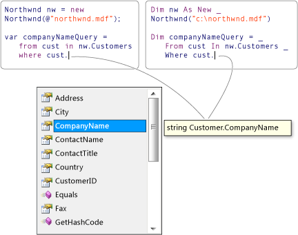 Diagram that shows a LINQ query with Intellisense.