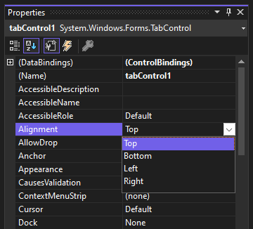 Visual Studio Finestra Proprietà per un'app di WindowsForm, che mostra la proprietà di allineamento.
