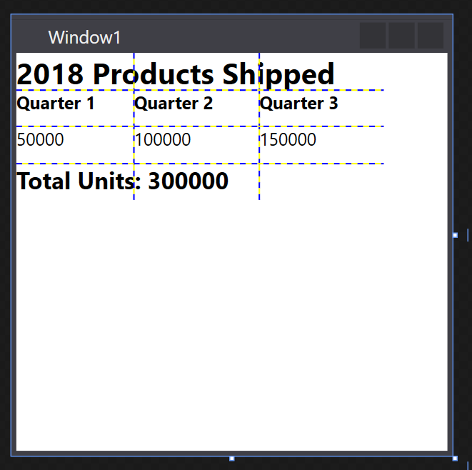 uno screenshot illustra un'interfaccia utente WPF che contiene una griglia suddivisa in tre colonne. Contiene l'intestazione 