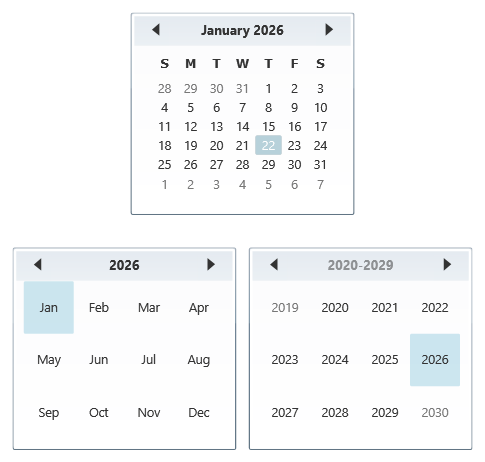 Screenshot che mostra tre controlli Calendario, uno che mostra un mese, un altro che mostra l'anno e un altro che mostra un intervallo di anni.