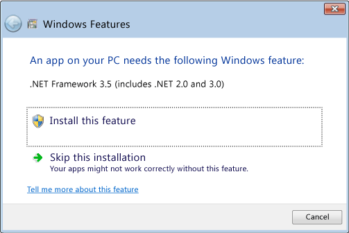 Screenshot della finestra di dialogo di installazione di .NET Framework.