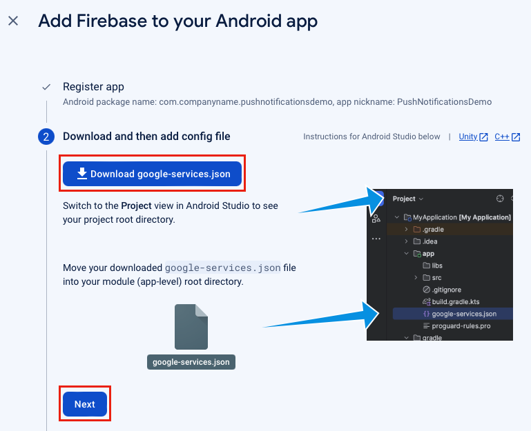 Screenshot dell'operazione di download del file JSON dei servizi Google.