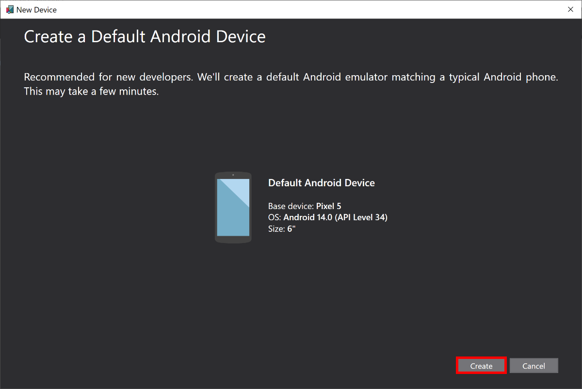 Finestra Nuovo dispositivo Android.
