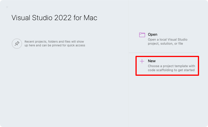 Creare un nuovo progetto in Visual Studio per Mac.