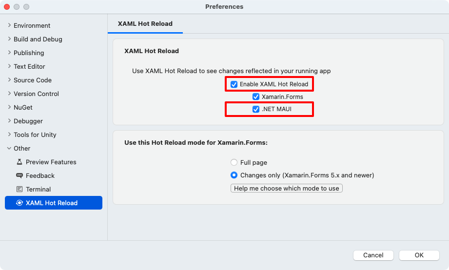Opzioni di Ricaricamento rapido XAML per .NET MAUI in Visual Studio per Mac