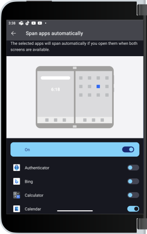 App Impostazioni che mostra l'interruttore Span Apps Automatically (Attiva/Disattiva automaticamente)