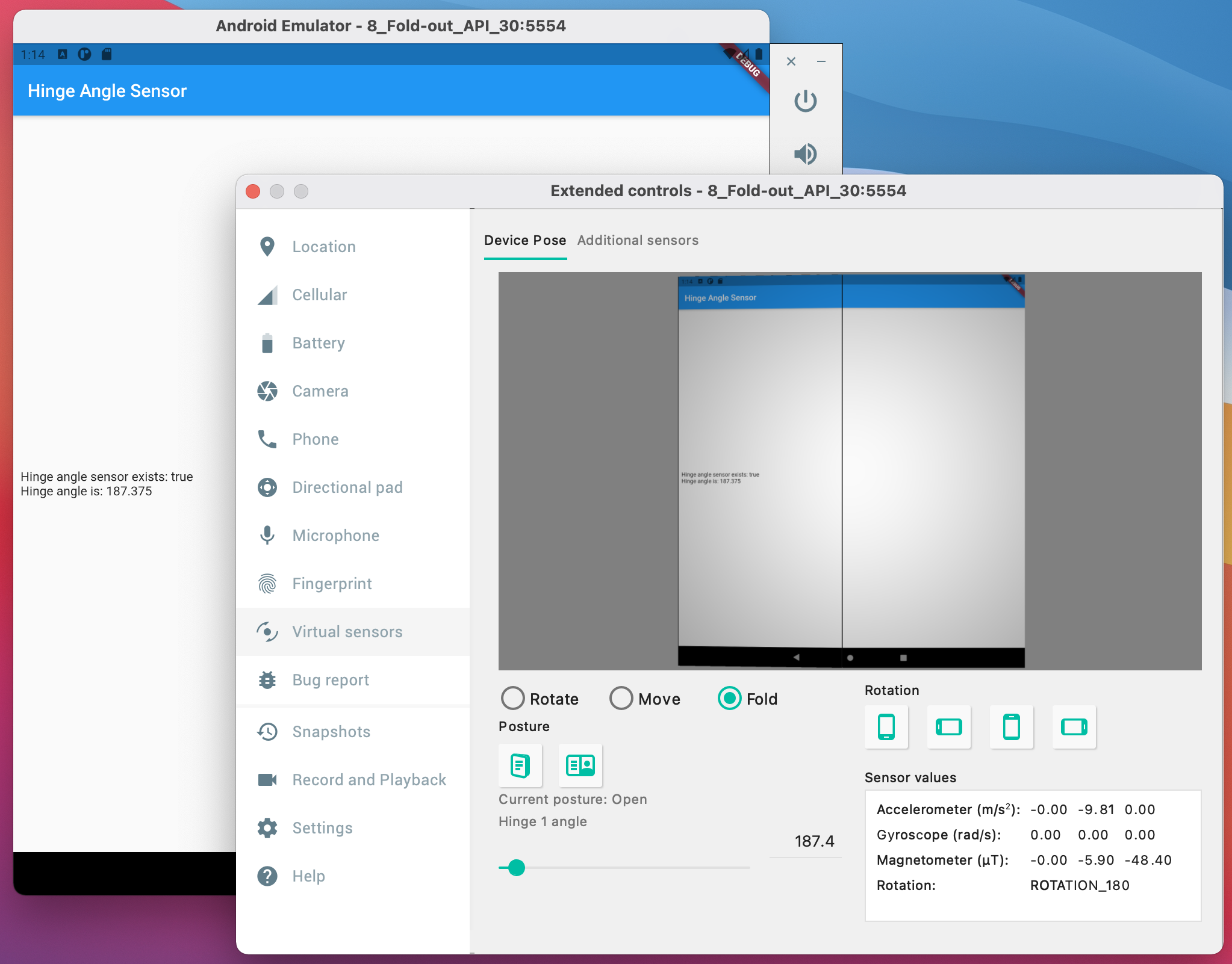 Esempio di flutter dual_screen in esecuzione in un emulatore foldable di Android Studio