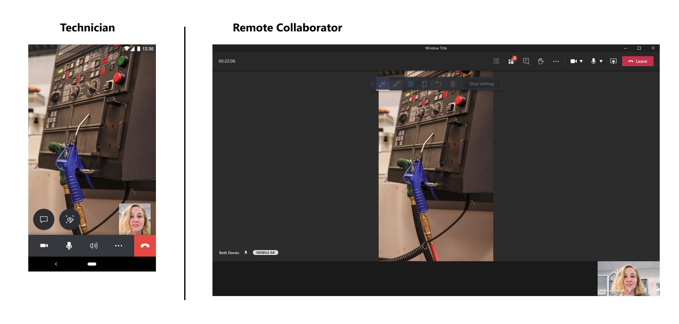 Esperienza in chiamata tramite Dynamics 365 Remote Assist su un dispositivo mobile senza supporto per la realtà aumentata con Teams per desktop
