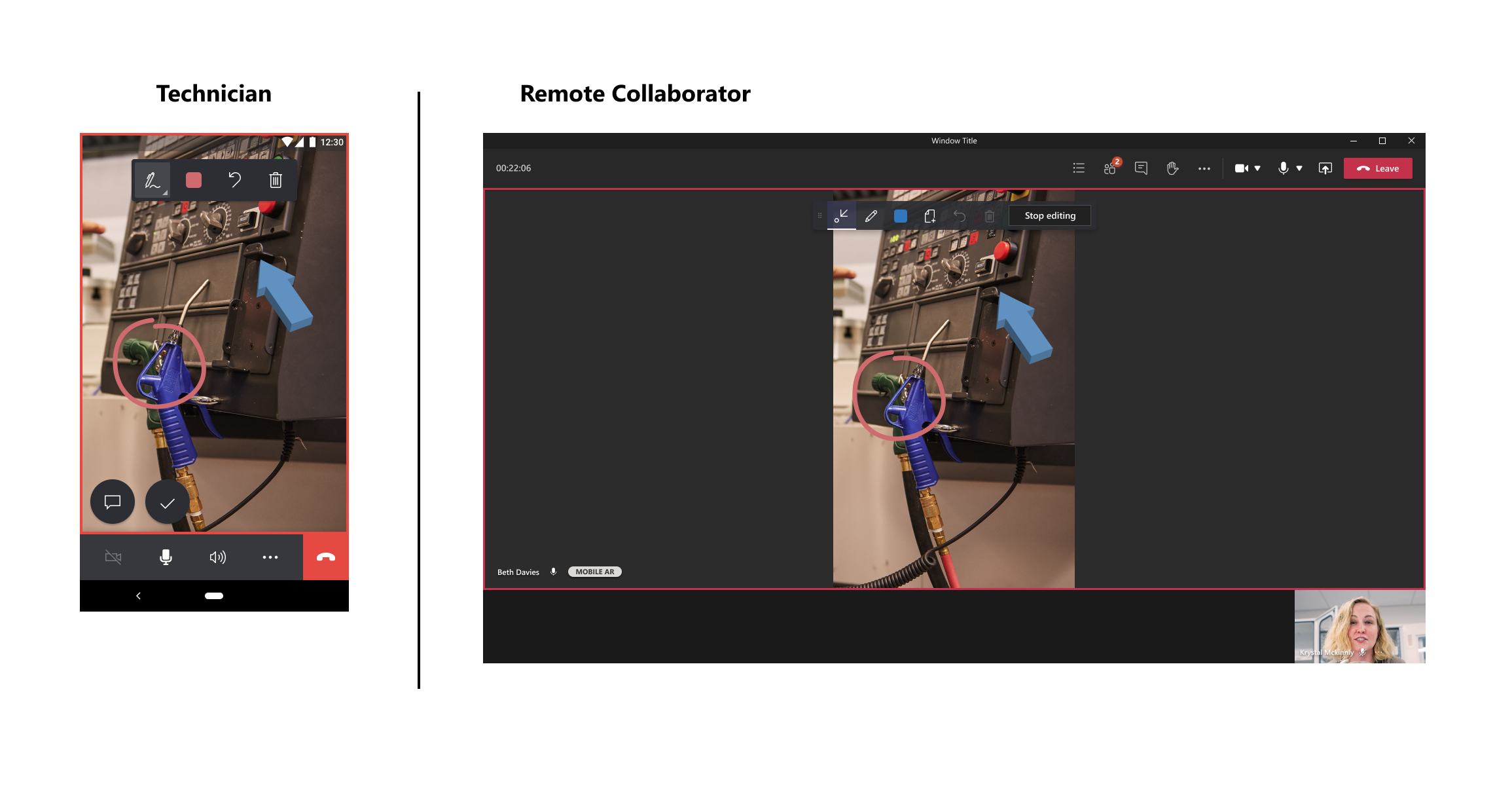 Esperienza in modalità snapshot utilizzando Dynamics 365 Remote Assist su un dispositivo mobile senza supporto per la realtà aumentata con Teams per desktop