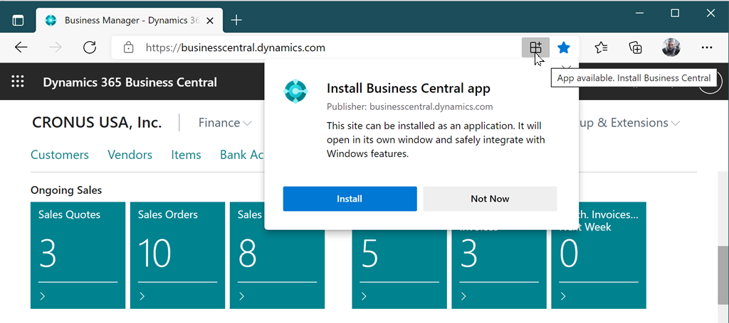 Installare l'app Business Central dal browser.