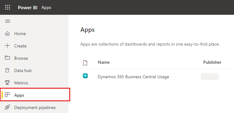 Diagram showing the Dynamics 365 Business Central Usage installed in the Apps section of Power BI