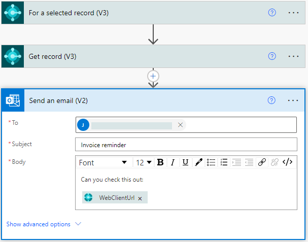 Shows the send email action in flow in Power Automate.