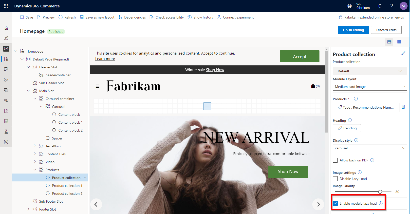 Screenshot of the Enable module lazy load option selected in Commerce site builder.