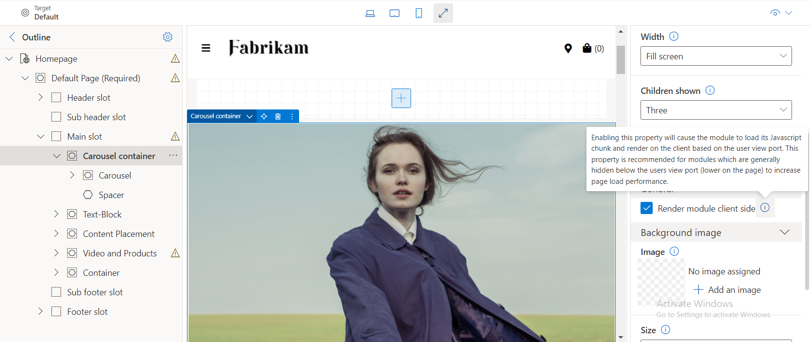 Screenshot of the Render module client side option in a module's site builder properties pane.