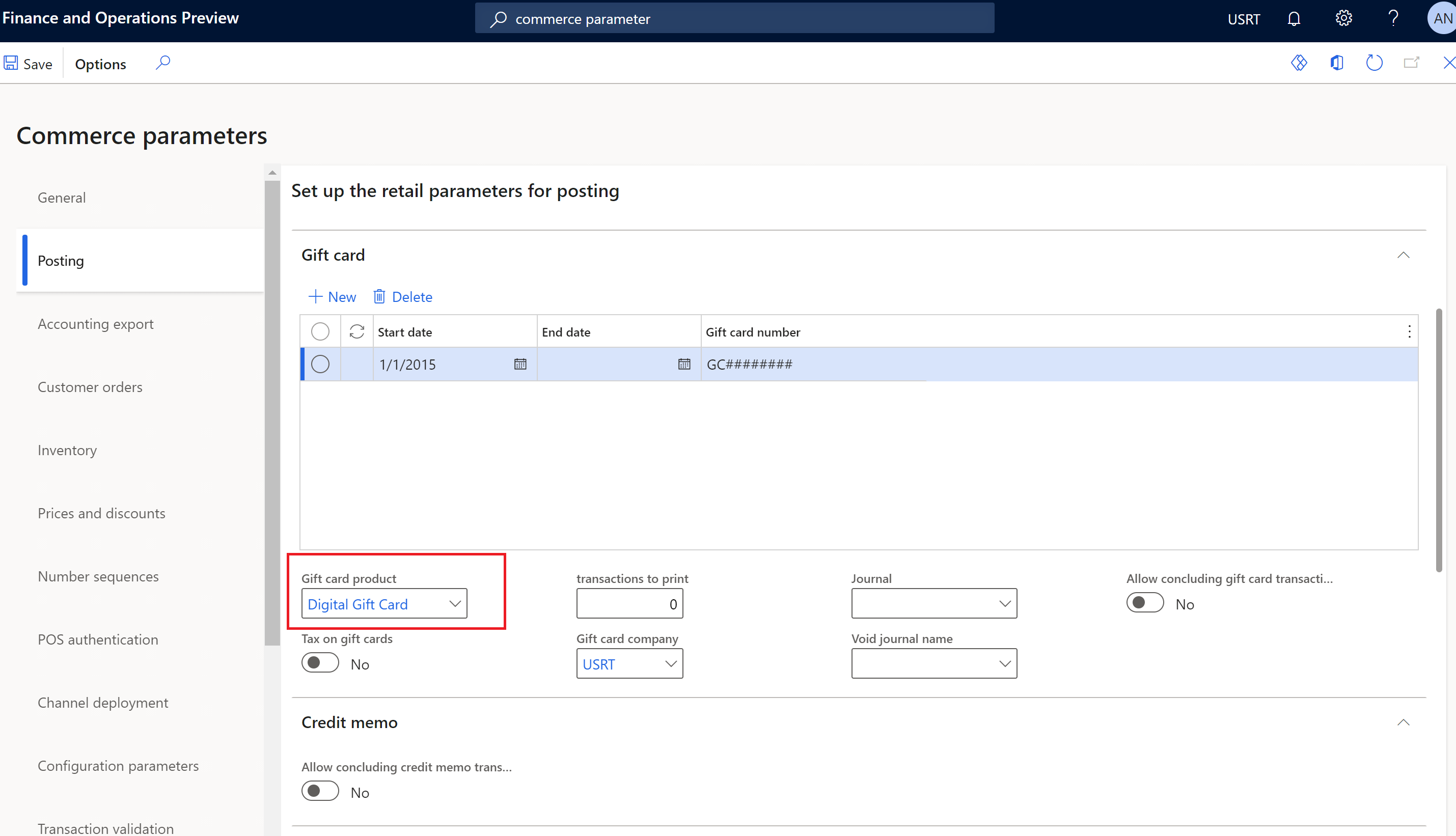 Screenshot del campo del prodotto gift card in Commerce headquarters.