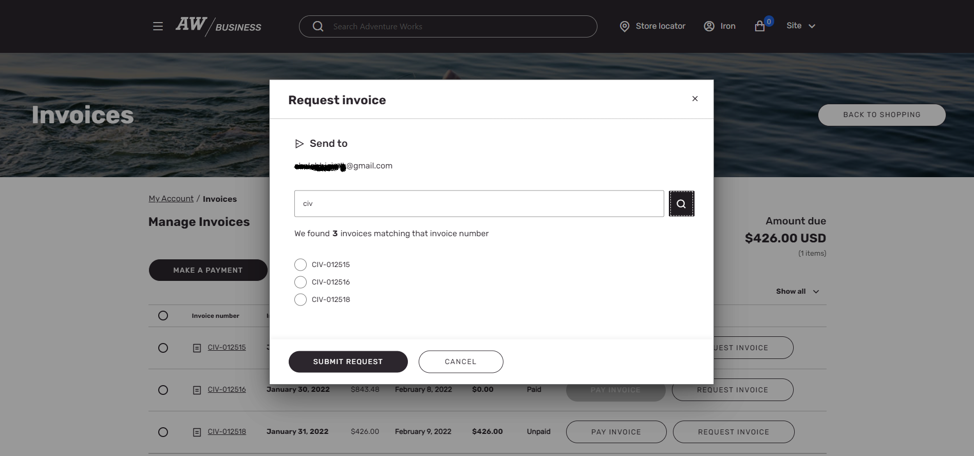 Screenshot della finestra di dialogo Richiedi fattura per l'invio dei dettagli della fattura tramite posta elettronica.