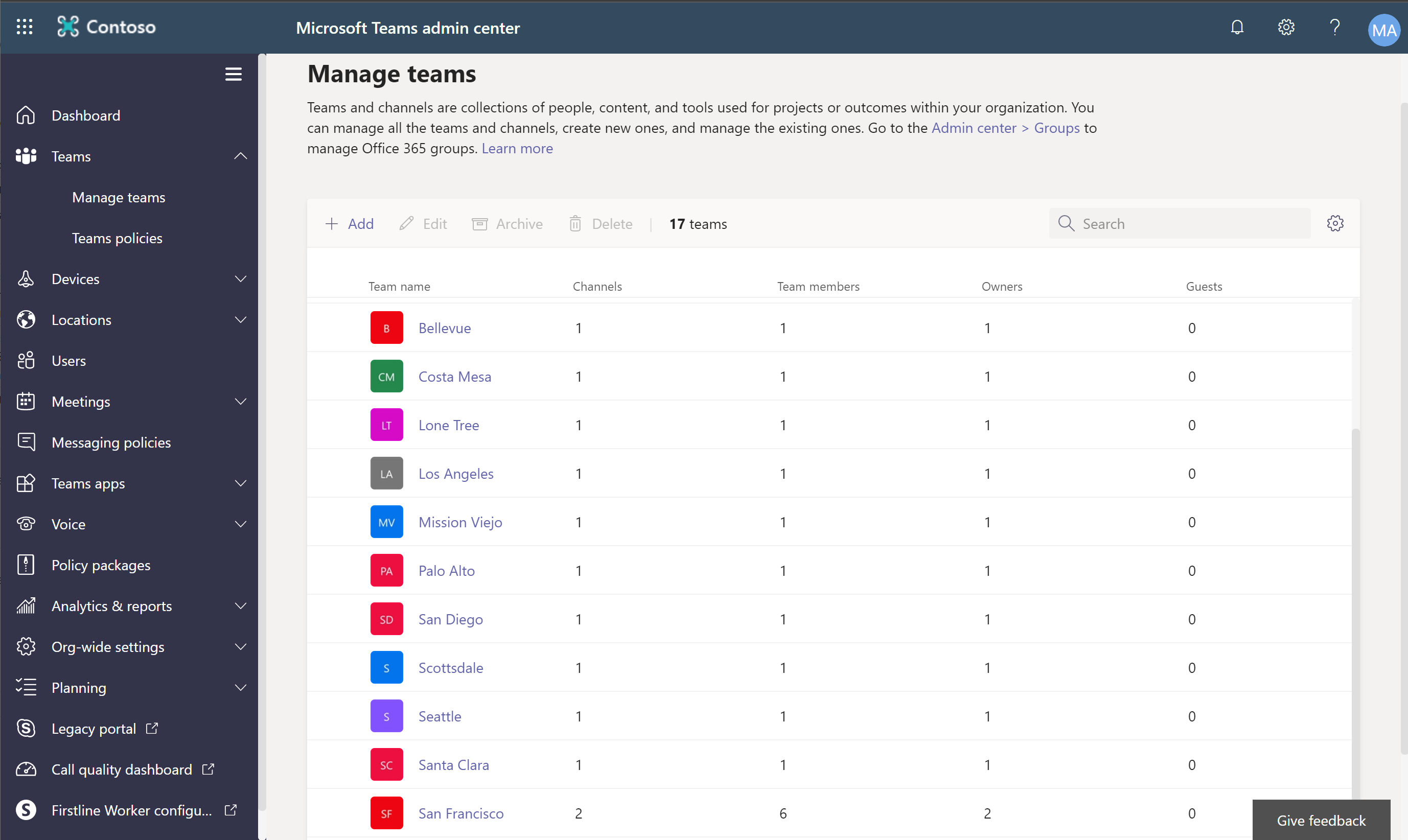 Esempio della pagina Gestisci team nell'interfaccia di amministrazione di Teams.