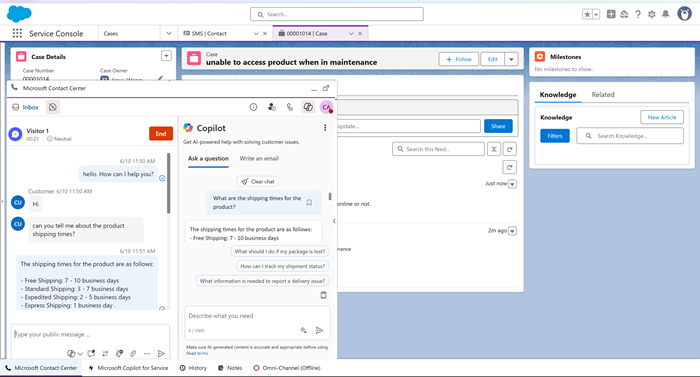 Screenshot della scheda Fai una domanda in Copilot integrato.