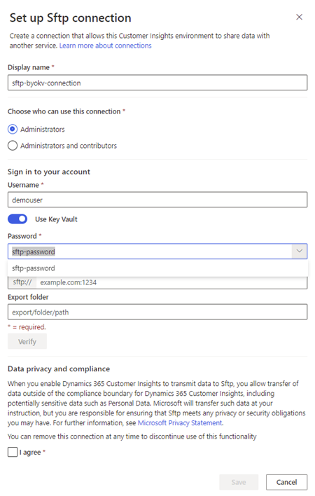 Riquadro connessione con una connessione SFTP che usa un segreto di Key Vault.