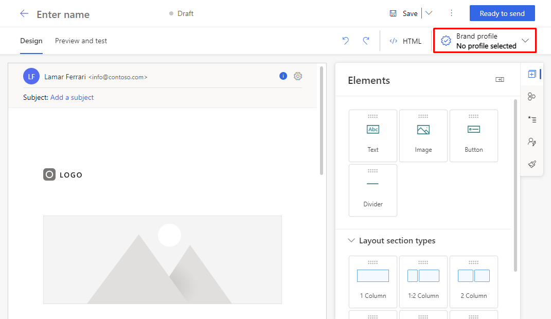 Selezionare un profilo del marchio nella finestra di progettazione di messaggi e-mail di Customer Insights - Journeys.